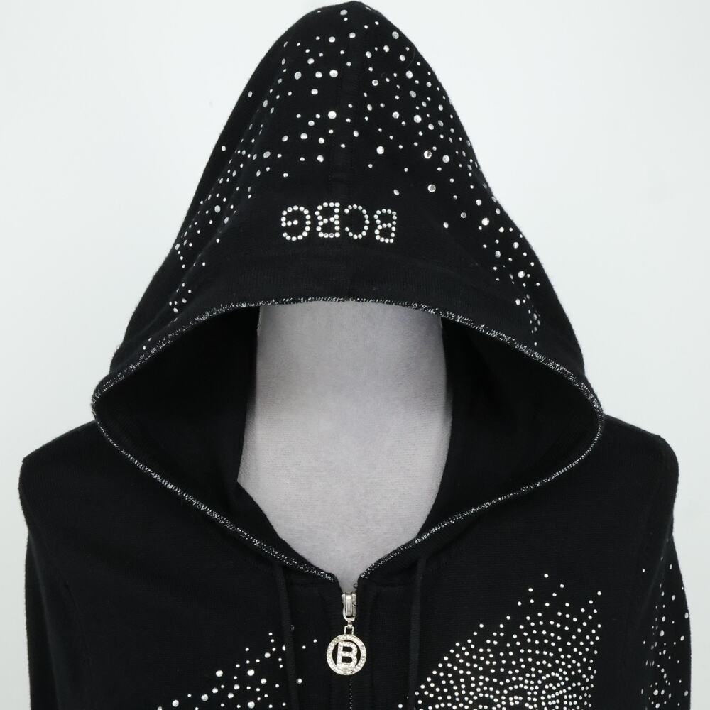 BCBG Max Azria Jacket Juniors Large Black Hooded Pockets Rhinestones Full Zip - Picture 13 of 16